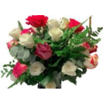Bouquet of red, pink, and white roses with greenery