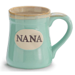 Mint green ceramic mug with the word "NANA" on a cream oval plaque.