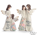 Two angel mother-and-child figurines with engraved sayings and pastel flower details on their dresses.