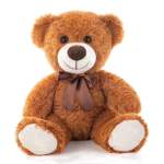 Brown teddy bear with a ribbon bow sitting on a white background