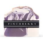 Marbled purple and white soap bar with a Finchberry label