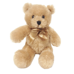 Tan teddy bear with a satin bow on a white background