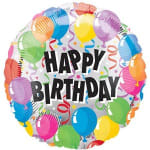 Round birthday balloon with colorful balloons and "HAPPY BIRTHDAY" text