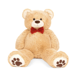 Large tan teddy bear with a red bow tie