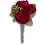 Three red rose boutonniere with silver ribbon and pearl pins