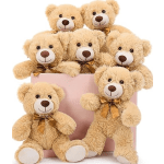 Six teddy bears with bows arranged around a pink box