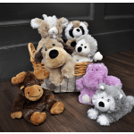 Basket of plush stuffed animals, including a dog, moose, and koala