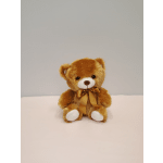 Small brown teddy bear with a gold ribbon bow