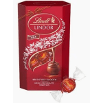 Box of Lindt milk chocolate truffles with one wrapped truffle beside it