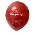 A burgundy balloon with white text on a plain background.