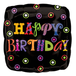 Black birthday balloon with colorful "Happy Birthday" text and polka dots