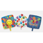 Three square congratulatory balloons with colorful patterns and text