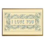 Cream greeting card with ornate blue border and large I LOVE YOU text, with a kraft envelope behind it