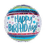 Round birthday balloon with colorful stars and "Happy Birthday!" text