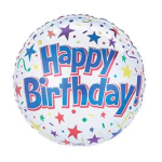 Round birthday balloon with colorful stars and confetti