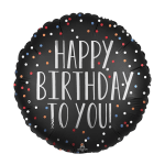 Round black birthday balloon with multicolored confetti dots and white text