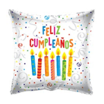 Birthday balloon with colorful candles and Spanish text