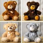 Four plush teddy bears in different colors with satin bows