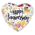 Heart-shaped balloon with "Happy Anniversary" text and colorful hearts