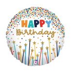 Round birthday balloon with colorful confetti and "Happy Birthday" text