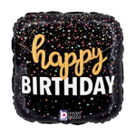 Black birthday balloon with colorful confetti dots and "happy BIRTHDAY" text