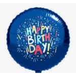 Blue birthday balloon with colorful "Happy Birthday" text