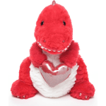 Red plush dinosaur holding a shiny heart