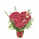 Heart-shaped bouquet of pink roses in a glass vase with a red ribbon