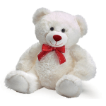 White teddy bear with a red bow on a plain background