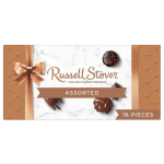 Box of assorted Russell Stover chocolates with a ribbon design