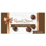 Box of Russell Stover milk chocolates with a ribbon graphic