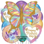 Butterfly-shaped balloons with Mother's Day messages in pastel colors
