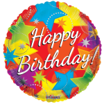 Colorful round balloon with "Happy Birthday!" text and star patterns
