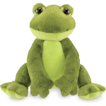 Green plush frog toy sitting upright on a white background