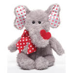 Gray plush elephant with red heart accents and a heart-shaped patch