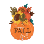 Orange pumpkin-shaped balloon with fall flowers and leaves, reading Happy Fall Y'all