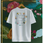 White T-shirt with floral graphic text hanging on a wooden hanger