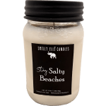 Jar candle with black lid and "Stay Salty Beaches" label