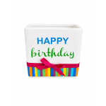White ceramic planter with "Happy birthday" text and a pink ribbon