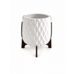 White textured ceramic planter on a wooden stand