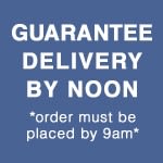 Blue sign with white text reading guaranteed delivery by noon
