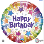 Round birthday balloon with colorful stars and "Happy Birthday" text