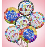 Cluster of colorful birthday balloons with "Happy Birthday" text