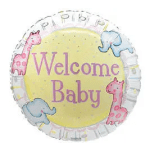 Round "Welcome Baby" balloon with giraffes and elephants