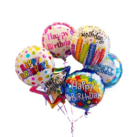 Cluster of colorful birthday balloons with printed messages