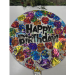 Round foil balloon with "Happy Birthday" text and colorful confetti balloons