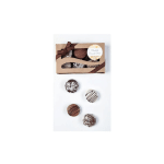 Gift box of assorted chocolate-covered cookies with four decorated cookies displayed below.