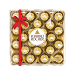Box of Ferrero Rocher chocolates tied with a red ribbon