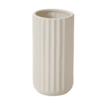 Tall beige ceramic vase with a ribbed surface
