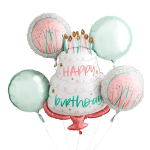 Birthday cake-shaped balloons with pastel round balloons